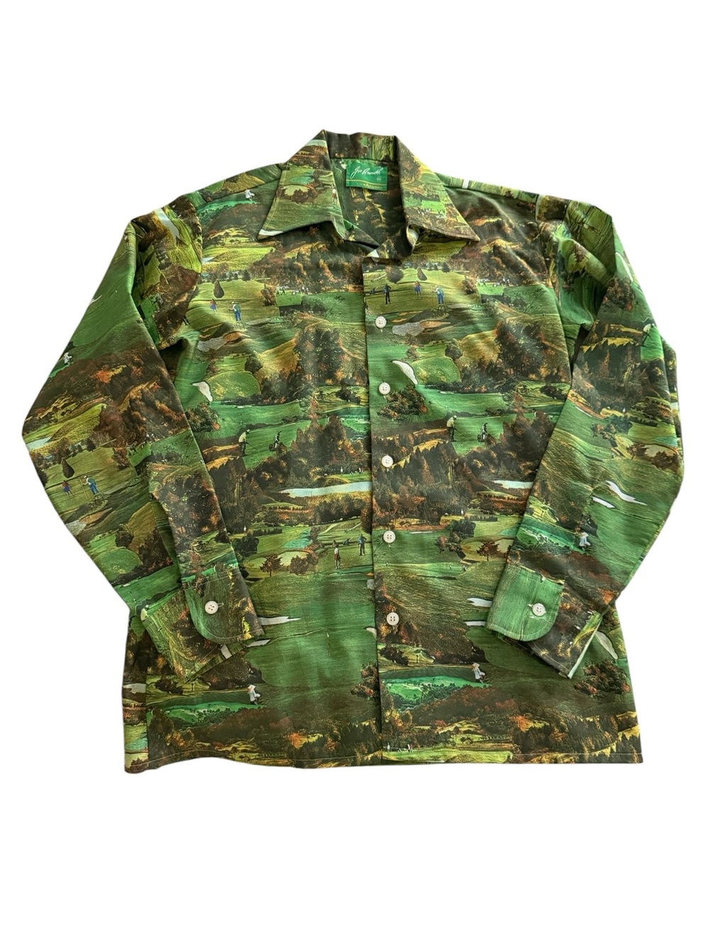 Vintage 70s Joe Namath by Arrow Scenic Golf Course Print Shirt Mens Medium Green